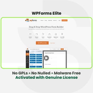Può includere: Uno screenshot del sito web di WPForms Elite, un generatore di moduli WordPress drag-and-drop. L'immagine presenta il logo WPForms, un pulsante di invito all'azione e un'anteprima di un semplice modulo di contatto. Il testo include "No GPLs, No Nulled, Malware Free, Activated with Genuine License."