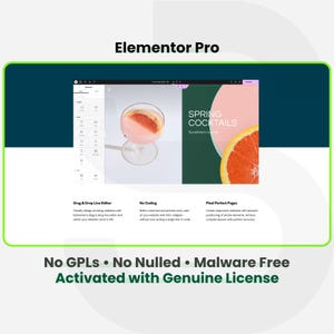 May include: A digital interface with the text "Elementor Pro" at the top. The interface displays a website design with a cocktail and a half grapefruit. The text "SPRING COCKTAILS" is also visible. Below, it says "Drag & Drop Live Editor", "No Coding", and "Pixel Perfect Pages".