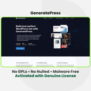 Peut inclure: Capture d'écran d'un site web pour GeneratePress, un thème WordPress. Le site présente un fond bleu foncé avec du texte blanc, présentant des exemples de conception de sites web et des témoignages de clients. Le texte comprend "Build your perfect WordPress site with GeneratePress."