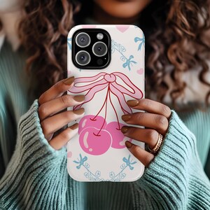 Cherries & Pink Coquette Bow iPhone Tough Case, Trendy Preppy Girl on The Go, Protective Phone Cover, Cute Fruit Design, Stylish Phone