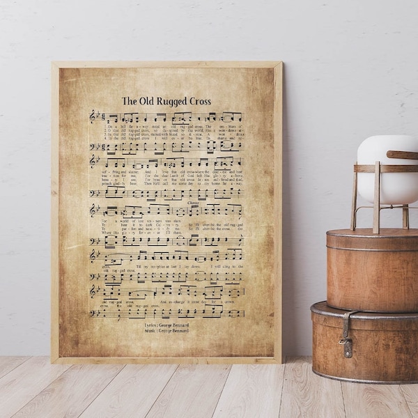 The Old Rugged Cross Digital Download Vintage Wall Art Print, Church Hymn Religious Poster, Bible Sheet Music Wall Decor, Home Office Decor