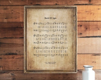 Rock Of Ages Digital Download Vintage Wall Art Print, Church Hymn Religious Poster, Bible Sheet Music, Home Office Wall Art Print