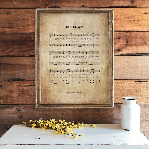 Rock Of Ages Digital Download Vintage Wall Art Print, Church Hymn Religious Poster, Bible Sheet Music, Home Office Wall Art Print