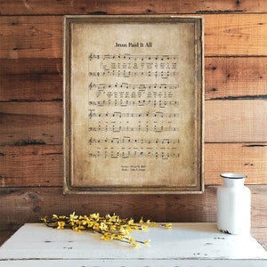 Jesus Paid It All Digital Download Vintage Wall Art Print, Church Hymn Religious Poster, Bible Sheet Music, Home Office Wall Art Print