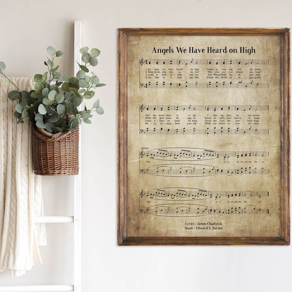 Angels We Have Heard On High Digitaler Download Vintage Wand-Kunstdruck, Kirchenhymne Religiöses Plakat, Bibel Notenblatt, Home Office Poster