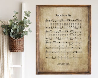 May include: A vintage-style print of the hymn "Jesus Loves Me" with sheet music and lyrics. The print is framed in a brown wood frame and has a distressed, aged look.