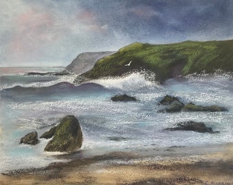 Original Pastel Painting seascape Ireland picture mountain cliffs artwork waves rough sea wall decor moody sky soft pastels beach seaweed