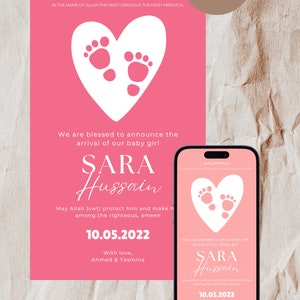 Muslim baby girl birth announcement | Baby feet themed birth announcement | Islamic birth announcement | Editable Canva template
