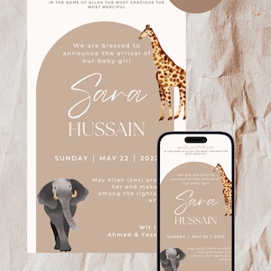 Muslimische Baby Mädchen Geburtsanzeige | Safari Thema Geburtsanzeige | Islamische Geburtsanzeige | Bearbeitbares Canva Template