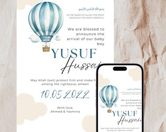 Muslim baby boy birth announcement | Blue air balloon themed birth announcement | Islamic birth announcement | Editable Canva template