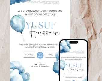 Muslim baby boy birth announcement | Blue clouds themed birth announcement | Islamic birth announcement | Editable Canva template