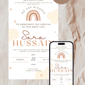 Muslimische Baby Mädchen Geburtsanzeige | Neutrale Geburtsanzeige mit Regenbogenmotiv | Islamische Geburtsanzeige | Bearbeitbares Canva Template