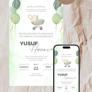 Anuncio de nacimiento de niño musulmán / Anuncio de nacimiento temático de globos verdes / Anuncio de nacimiento islámico / Plantilla Canva editable