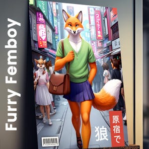 Furry Femboy In Japan Poster, Omegaverse Furry YCH Wolf Kemono Wall Art