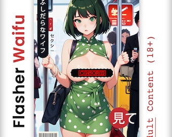 Onzedelijk waifu poster, flasher NSFW waifu in a train, sexy waifu boob fan poster, Mtg proxy waifu design, manga anime meisje kunst aan de muur, volwassen