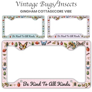 Vintage Insect License Plate Frame “Be Kind to All Kinds” – Bug Lover Car Décor, Entomology Accessory, Cottagecore Plaid Frame, Nature Gift