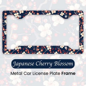 Floral License Plate Frame Japanese, Red And White Sakura Cherry Blossom Flowers On A Navy Blue Background