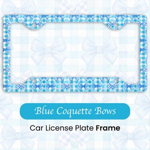 Blue Coquette Bow Car License Plate Frame, Gingham Cute Coquette Print, Metal License Plate Frame, Soft Girl Christmas Birthday Gift For Her