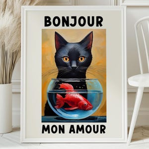 Poster di Le Chat Noir, opera d'arte Bonjour Mon Amour gialla, opera d'arte del gatto nero, pittura del gatto nero, arte di Le Chat Noir, gattara senza figli, francese