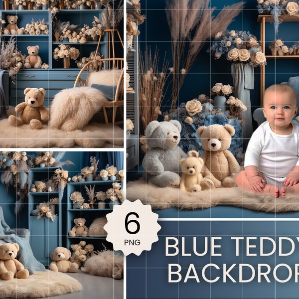 Bear Digital Background Shelf Teddy Blue Baby Boy Digital Background Toddler Boy Digital Backdrop Newborn Bear Shelf  Photoshoot Backdrop