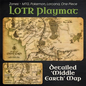 Tapis de jeu carte dessinée à la main avec zones pour les fans de LOTR, TERRE DU MILIEU, tapis de jeu Mtg, tapis de jeu une pièce, tapis de jeu Lorcana, tapis de jeu Pokemon, cadeau Lotr