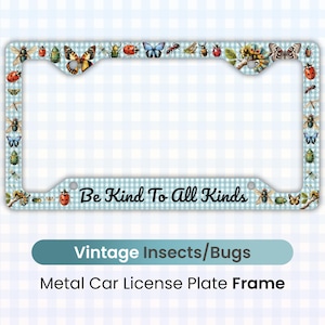 Vintage Blue Plaid Insects License Plate Frame, Be Kind To All Kinds, Entomology Bugs Insects Car Decor, Nature Lover License Plate Cover