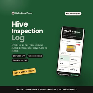 Puede incluir: Una interfaz de aplicación digital de registro de inspección de colmenas en la pantalla de un teléfono inteligente sobre un fondo verde oscuro. La pantalla muestra estadísticas de colonias, alertas de tratamiento de varroa y datos en libras y galones.