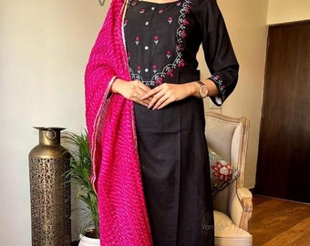 beautiful rayon authentic black kurti pant and dupatta set for womens and girls,kurti pant set,traditional dress,ethnic wear,kurti for women