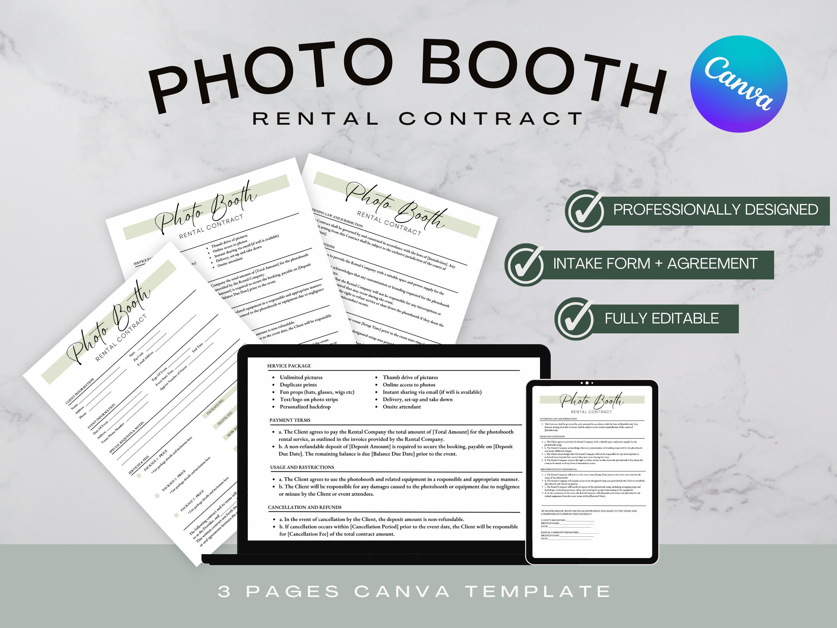 Photo Booth Contract Template, Canva Editable Photobooth Rental
