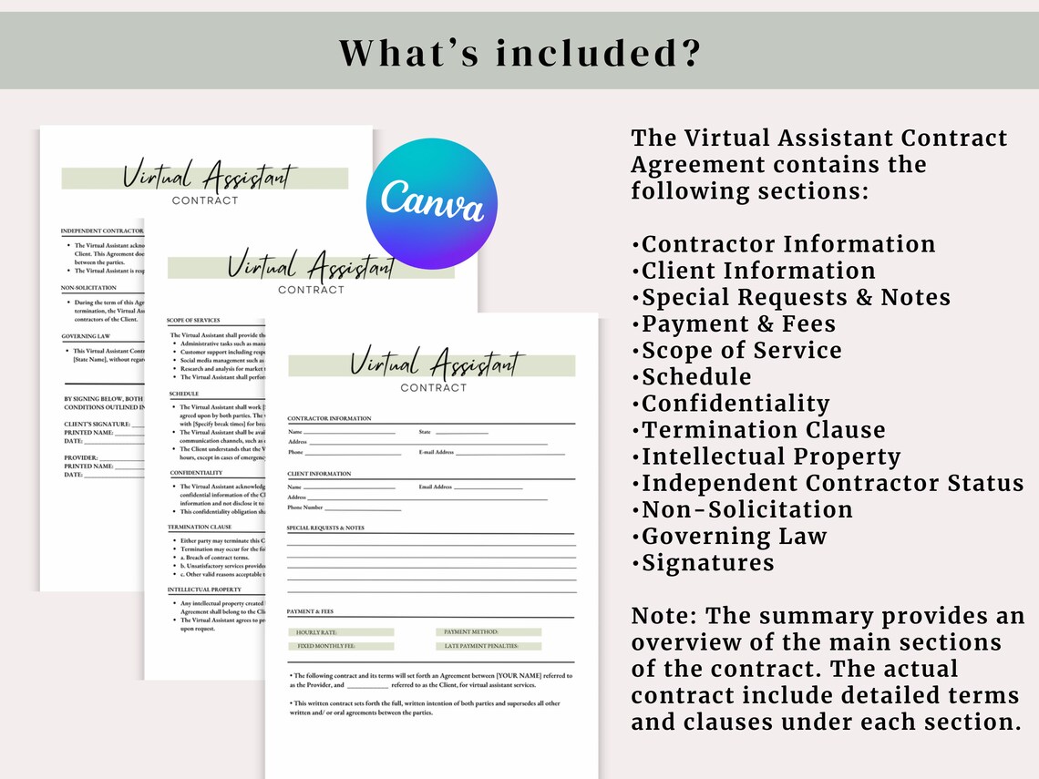 Virtual Assistant Contract Template, Canva Template, , VA Contract Form ...