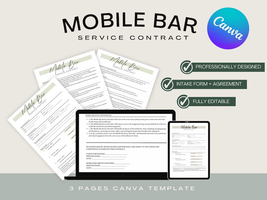 Mobile Bar Contract Template, Canva Editable Bartender Contract, Mobile ...