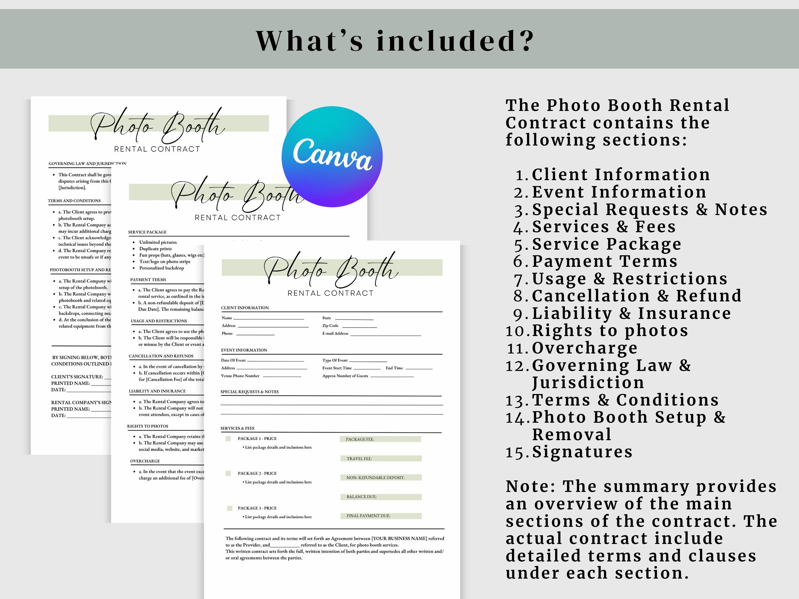 Photo Booth Contract Template, Canva Editable Photobooth Rental