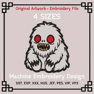 Może przedstawiać: Plik do haftu maszynowego przedstawiający jasnoszare, futrzaste stworzenie z jaskrawoczerwonymi oczami i ostrymi zębami. Tekst brzmi: Original Artwork • Embroidery File, 4 SIZES, Machine Embroidery Design, DST, EXP, XXX, HUS, JEF, PES, VIP, VP3.