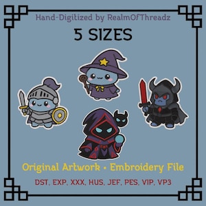 May include: An image featuring five cartoon characters: a knight, a wizard, a sorcerer, and a dark warrior. The text reads "Hand-Digitized by RealmOfThreadz" and "5 SIZES". Below, it says "Original Artwork • Embroidery File".
