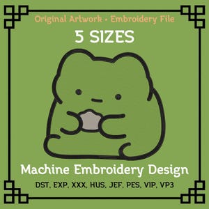 May include: A digital machine embroidery design file featuring a green frog character holding a small gray object. The text reads Original Artwork Embroidery File, 5 SIZES, Machine Embroidery Design, and file formats DST, EXP, XXX, HUS, JEF, PES, VIP, VP3.