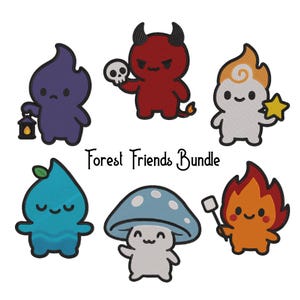 Puede incluir: Colección de seis parches bordados con adorables criaturas del bosque de estilo caricatura. Los diseños incluyen una llama morada con una linterna, un diablo rojo con una calavera y una llama blanca con una estrella. También se incluye el texto "Forest Friends Bundle".