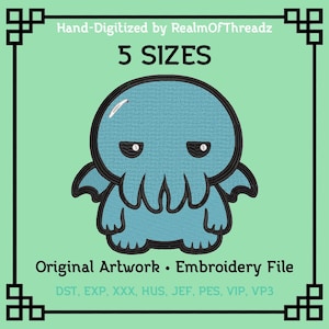 May include: A teal cartoon creature with black outlines and white highlights. The image includes the text "5 SIZES" and "Original Artwork • Embroidery File". The image is framed with a black border and decorative corner elements.