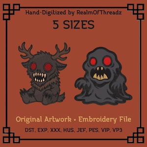 Op de afbeelding: Een borduurbestand met twee cartoonmonsters met rode ogen en scherpe tanden. Eén is een donkergrijs wezen met geweien, en de andere is een blobachtig monster. De tekst luidt "Hand-Digitized by RealmOfThreadz" en "5 SIZES".
