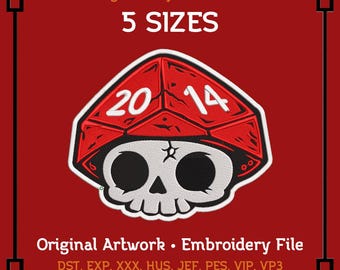 D20 Skull Embroidery File | Gothic Dice PES DST