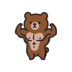 May include: Embroidered patch featuring a brown bear flexing its muscles. The bear has a muscular chest and arms, with a black outline. The bear's face has a small black nose and eyes. The patch is on a white background.