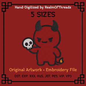 May include: Red embroidery file featuring a cartoon devil holding a skull. The image includes the text "Hand-Digitized by RealmOfThreadz," "5 SIZES," and "Original Artwork • Embroidery File." The file formats are listed below the text.