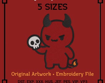 Demon with Skull Embroidery Design – Chibi Fiery Devil (Digital File)