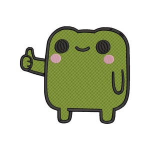 May include: A cartoon-style green frog with a thumbs-up gesture. The frog has a square body, black eyes, and pink cheeks. The frog is outlined in black, and the body has a textured pattern.