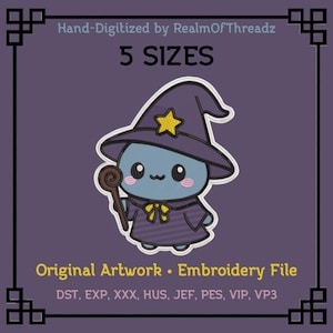 May include: An embroidery file design featuring a cute cartoon wizard in a purple hat with a gold star and a matching robe. The image includes the text "5 SIZES" and "Original Artwork • Embroidery File".