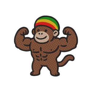 May include: A brown cartoon monkey flexing its biceps. The monkey has a smiling face and is wearing a green, yellow, and red striped headband. The monkey has a muscular physique and is standing on a white background.