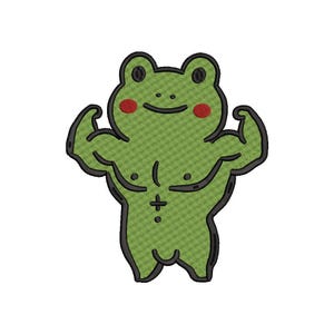 Könnte beinhalten: Illustration einer grünen Froschfigur mit muskulösem Körperbau, die ihre Arme anspannt. Der Frosch hat schwarze Umrisse, rote Wangen und einen lächelnden Ausdruck. Das Design zeigt ein Kreuzsymbol und Punkte auf Brust und Bauch des Frosches.