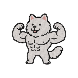 May include: Embroidered patch featuring a cartoon dog flexing its muscles. The dog is light gray with black outlines, pink inner ears, and a smiling face. The design showcases the dog's muscular physique.