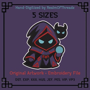May include: An embroidered patch featuring a cartoon wizard in a hooded robe with a small devil companion. The wizard is black and purple with red accents, holding a blue orb. Text includes "5 SIZES" and "Original Artwork • Embroidery File".