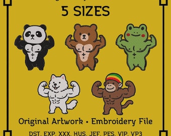 Gym Animal Embroidery Designs: Muscle Animals Bundle (5 Sizes)