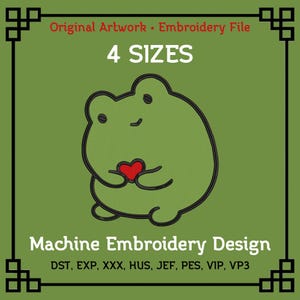 May include: A machine embroidery design file featuring a green frog holding a small red heart. The text reads Original Artwork Embroidery File, 4 SIZES, Machine Embroidery Design, and lists file formats DST, EXP, XXX, HUS, JEF, PES, VIP, VP3.